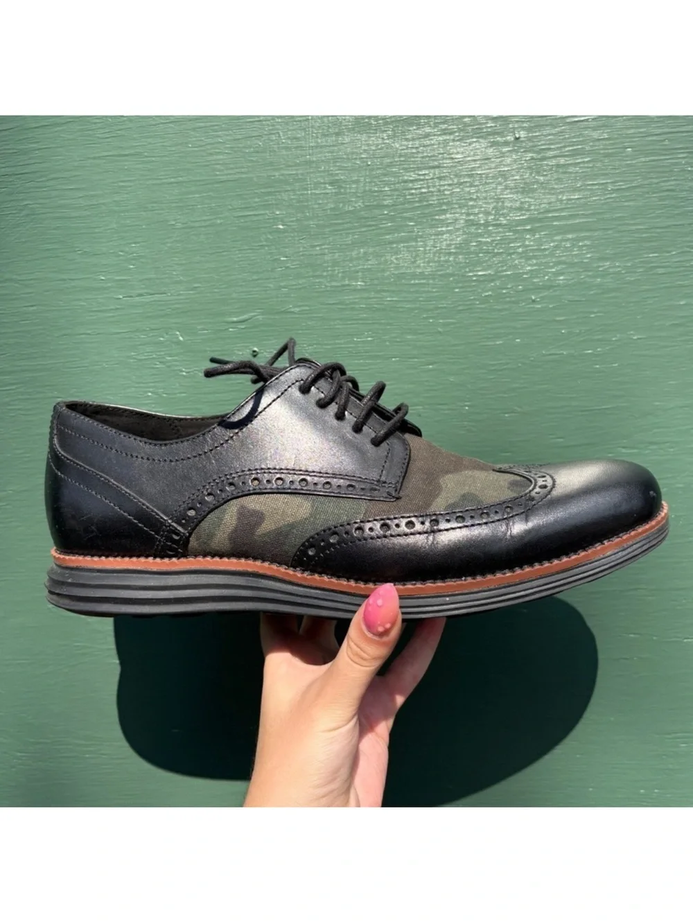 Cole Haan Black Leather Wingtip Oxford with Olive Camo Panels